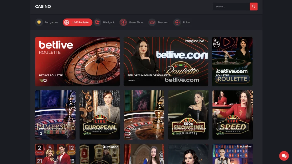 Online casino interface displaying live roulette games, including Betlive Roulette and other live dealer roulette options, shown as game tiles with roulette wheels and female dealers.