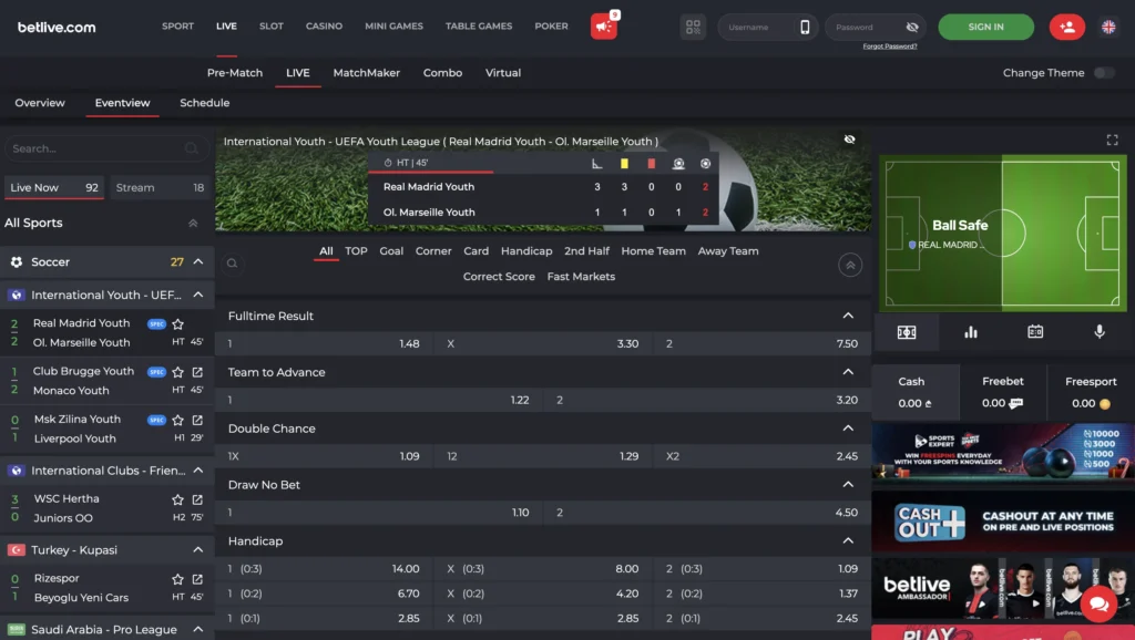 Live betting website showing the live schedule of upcoming sports events with match times, event names, streaming icons and pre-match odds.