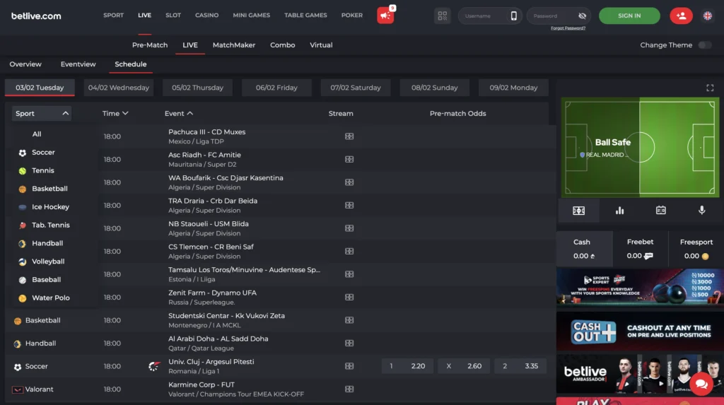 Live sports betting interface showing live score, halftime status, available betting markets, odds and a match visualization panel.
